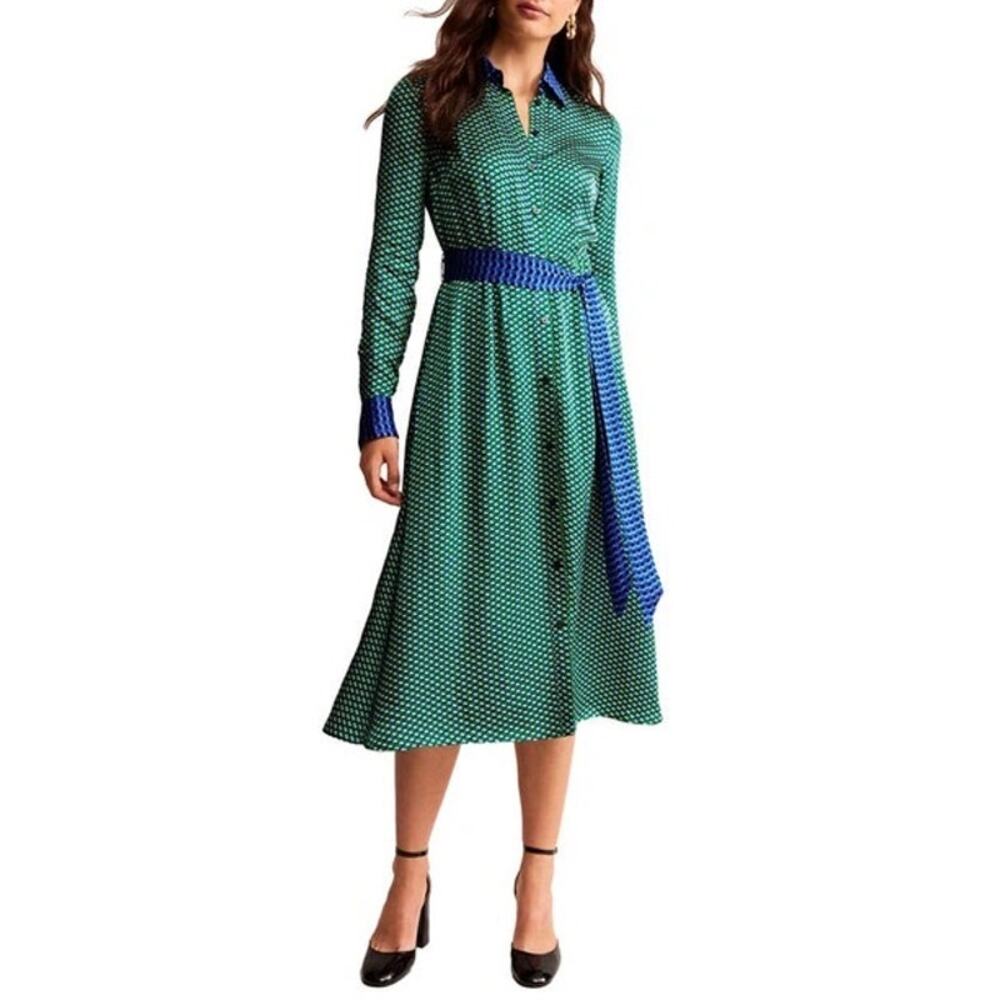 Boden Kate Satin Shirt Dress in the "Bright Green, Geo Daze" print - Picture 2 of 5